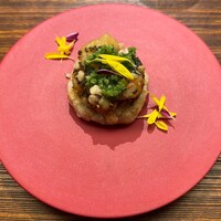 料理屋まえかわ - 蓮根フライと足赤海老と帆立のユッケ