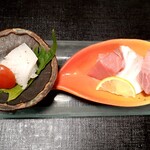 旬味 鮮心 魚屋 富重 - お造り三種とイカの炙り‥