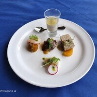 レストラン鳥居平 - オードブルは+￥300の方を選びました。上から時計回りに、きのこのムース（優しい）・豚テリーヌ（ソース良）・イカバジル（合う）・カボチヤと海老・中心がダチョウ（柔らか）