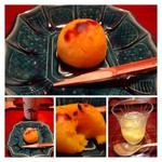 御料理 光安 - 安納芋の焼き茶巾
      もう一品「洋ナシ・だいしろう柿・ブドウ・井戸水のジュレが出されましたが、写真を撮り忘れましたので
      前回の品でイメージだけご覧くださいm(__)m