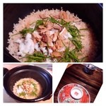 御料理 光安 - ◆松茸と鱧の炊き込みご飯・・好きなもの尽くしです。鱧は夏も美味しいですが秋も脂がのり美味しいですね。
      松茸もタップリで贅沢な品。