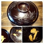 御料理 光安 - この器が素晴らしい・・外には「色漆」で絵を描き、蓋には「高蒔絵、」底には「平蒔絵」で描かれていまして、
      素晴らしい品ですよ。前回の塗り物は豪華でしたが、これも趣が異なりいいですね。