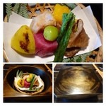 御料理 光安 - 秋野菜の吹き寄せ・・この器素敵ですね。こちらは毎回「器」でも楽しませて頂けるのも嬉しい。
      薄い衣をつけて揚げたヒラタケ・海老芋・紅心大根・安納芋・銀杏・栗・