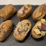 おいなり食堂 - 上段左から
●いなり
●梅しらす
●穴子
●黒米いなり
●とりきのこ
●サツマイモ