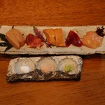 鶏一途 - 地鶏刺身の盛り合わせ(胸肉、心臓、白肝、砂肝、ささみ)、(宮古島塩、岩塩、わさび)