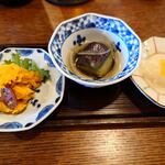 釜めし菜時記 さき亭 - 前菜盛り合わせ、カボチャとさつまいものサラダ、冷たい茄子の揚げ浸し、柿なます