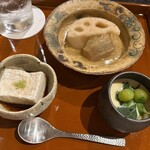 浅川料理店 - 前菜（季節野菜の炊き合わせ、焼き胡麻豆腐、銀杏とあさりの茶碗蒸し）