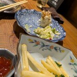 アマヤドリ - 食べかけスミマセン、コースの前菜2種盛りとポテトフライ