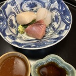 日本料理 新茶家 - でかい帆立、真子ガレイ、熟成のブリ