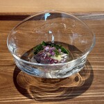 日本料理FUJI - 焼津小川港定置泳がせ神経〆鯵、モロヘイヤお浸し黄身酢菜の花発酵パウダー