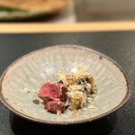 鉄板焼 宇佐見 - 鹿肉のロース　山栗ときのこのリゾット