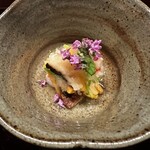 多仁本 - みぞれ和え、車海老は炭で炙り氷水で締めて。多仁本さんらしい優しい一品。