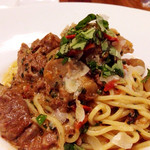 JAM ORCHESTRA - 今日のパスタ：牛すじと牛蒡のトマトソース　キタッラで（2,000円）、近影。