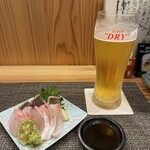 旬菜と地酒 野良 - お刺身3点盛りと、とりあえずビール