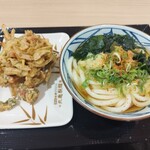 丸亀製麺 - 料理写真:かけ並420円、ちくわ紅ショウガかき揚げ230円