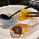 銀座 塒 - 柿、りんごのレモン煮、栗の渋皮煮、紅茶アイス