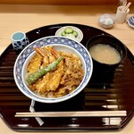 天あさ - 海老天丼 しじみの味噌汁、漬物、サラダ付き