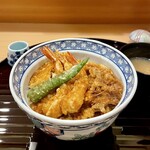 天あさ - 海老天丼 しじみの味噌汁、漬物、サラダ付き