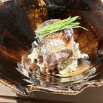 片岡篤司 - 秋刀魚　芽ねぎ　松茸ご飯　肝ソース