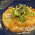 ニュー貝殻荘 - 貝刺し、蓮根と水晶文旦 　～グリーンレモンのヴィネグレットとブイヤベースジュレ～