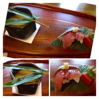 天ぷら 松 - 蕪すりながし・タコ（鯖）鮨・永源寺の赤こんにゃく。
                この時期は「蕪」を出すお店が多いですが、甘みがあり美味しいですね。他は普通かしら。