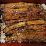 炭焼うなぎ 加茂 - 「うな重・特上・肝吸・漬物」4,000円（税込）を斜めから撮ってみました。表面がカリッとしていて中はふわっふわです。ほのかに炭の香りがして、鰻のお味がしっかりと感じられます。うぅ～ン 美味いッ！