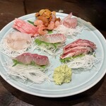 川治 - ●刺身　天然鮪の頭肉、むつかわガレイ