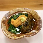 穴子料理と地酒 浅草 川井 - モロヘイヤともずく酢の雲丹添え