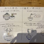 つけ蕎麦 あらた屋 - 各テーブルに、いろいろな楽しみ方が書かれたラミネートが置いてあります。