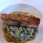 ル・ブルギニオン - あんこうのフロマージュドテッドのソテー、カブの葉のリゾット添え