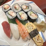 大鯛寿司 - 料理写真:エビメンタイマヨネーズ巻とにぎり4貫