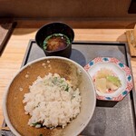 筵 - かますと菊菜の土鍋ご飯（香の物•味噌汁）
