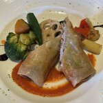 air cafe centralgarden  - 秋刀魚と焼きナスのパートブリック包み揚げ トマトソースと彩り野菜添え