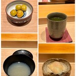 鮨 はしもと - 銀杏、お茶、青森十三湖のシジミ汁、ガリ