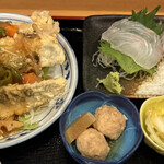 魚亥子 - おかずたちアップ（カマス野菜甘酢餡掛け、つみれ、お新香、茶碗蒸し、刺身）