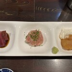 鳥長 - 刺身（ムネの漬け、生つくね、砂肝＆レバー）