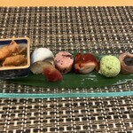 菜のはな - 前菜 枝豆のお団子 タコのやわらか煮 切り干し大根と赤ジソ和え 小肌の巻き鮨 スルメイカのとも和えなど