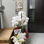 麺処 ゆずラボ｡ - 店頭のお祝いのお花②と三河屋製麺の麺箱