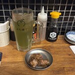 大衆酒場 もつ焼きと肉刺し ぶた横丁 - お通しはレバテキ