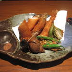 きらら - 本ししゃものフライ､鰻の春巻､三度豆の胡麻汚し､ツブ貝の旨煮､ふきのとう