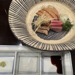 酒亭 田中 - 熊野地鶏白レバ（白肝・ハツ・砂肝）刺し01