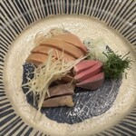 酒亭 田中 - 熊野地鶏白レバ（白肝・ハツ・砂肝）刺し02