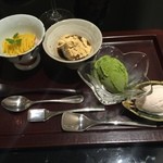 日本料理 太月 - 甘味　安納芋モンブラン、わらびもち、大納言アイス、抹茶アイス　2014-11
