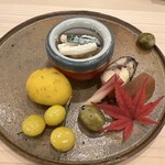 味ひろ - 柿なます胡麻和え 栗 銀杏 唐墨 子持ち鮎の甘露煮 零余子