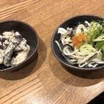 ワビスケ 京都ポルタ店 - 茄子とミョウガの白和えとふぐ皮ポン酢