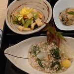 蕎麦の実 - おばんざい３種盛り(大粒かきのオイル漬け・かぶらの鶏そぼろあんかけ・海老と九条葱の辛子味噌和え)