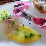 手打ち蕎麦とフレンチの やな木 - ＜2014年11月＞白身魚のフリット、カルパッチョ、柚子ソース、季節野菜とドライ黒オリーブ