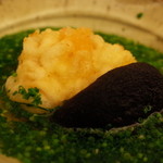 日本料理 晴山 - 鱈の白子の揚げ出し 椎茸 葱 もみじおろし