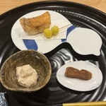 日本料理 一会 - 甘鯛の竜田揚げ、銀杏、柿の白和え、カラスミ