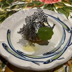 ピッツェリア エ オステリア パドリーノ - stuzzichino
      ピリ辛タコ足のトマト煮込みポリポアフォガードストラッチャテッラ　一口サイスのモンタナーラ イカ量のチュイル添え